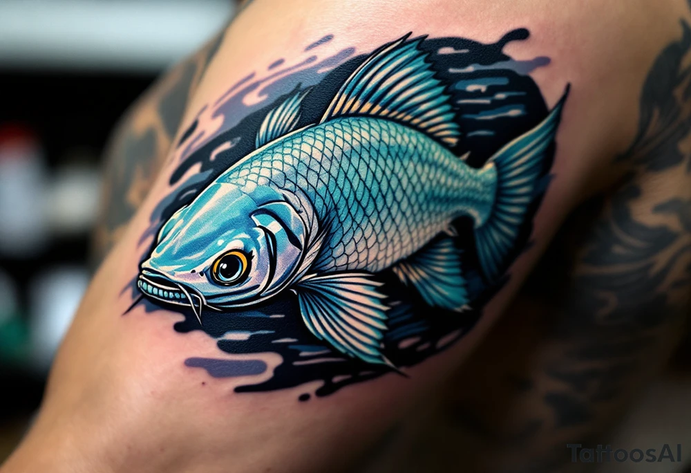 Catfish in Motion – A sleek, dynamic catfish swimming with silvery-blue scales, accented by soft teal fins and rippled water lines in the background. tattoo idea