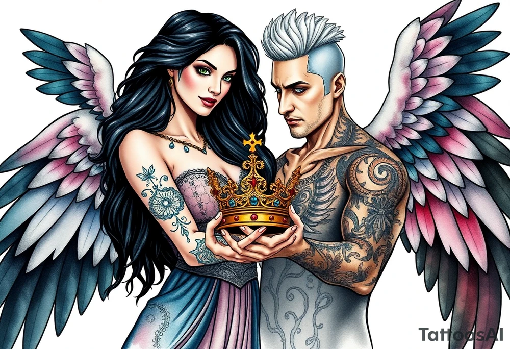 A Scorpio gypsy woman with wings like an angel and long black hair and green eyes holding a kings crown in her hands putting it on a tall man with silver short faux hawk hair and blue eyes. She is wearing a long flowing dress tattoo idea