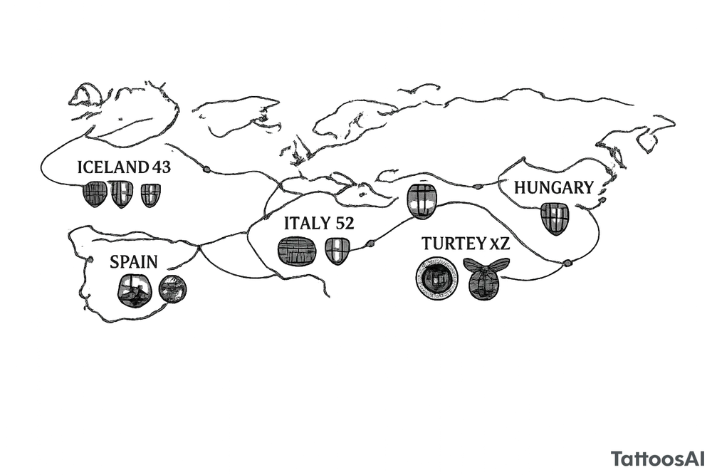 A football journey no crests stars each country on how many times ive played there
A fine-line world map or stylized route connecting Iceland ➔ Italy ➔ Spain ➔ Turkey ➔ Hungary ➔ France, with minimalist markers for each club.
Iceland x3 (sindri, ibv, stjarnan)
Italy x2 (Verona, Sassuolo)
Spain (Logrono)
Turkey x2 (Fenerbahce, Besiktas)
Hungary (Fradi)
France (Bordeaux) tattoo idea
