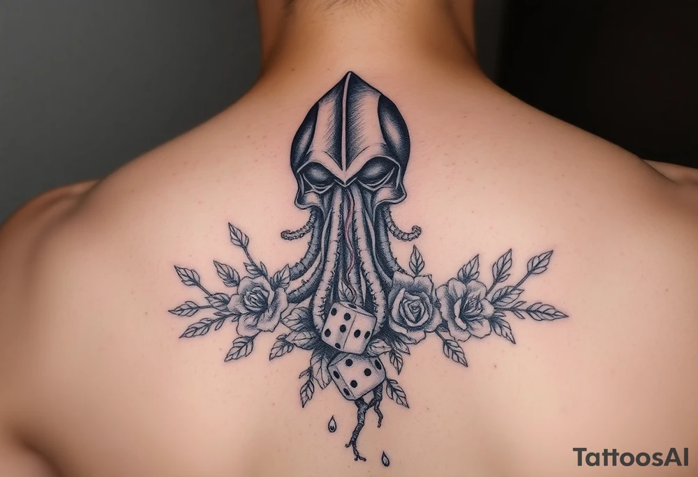 squid knight helmet combined with tree roots, cherry blossoms and roses rolling dice tattoo idea