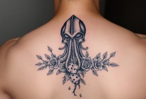 squid knight helmet combined with tree roots, cherry blossoms and roses rolling dice tattoo idea