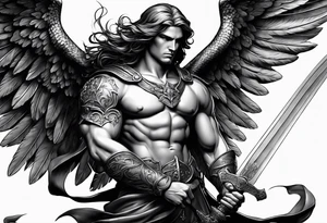 Male American guardian angel with a sword and possessed angel from hell combined together tattoo idea