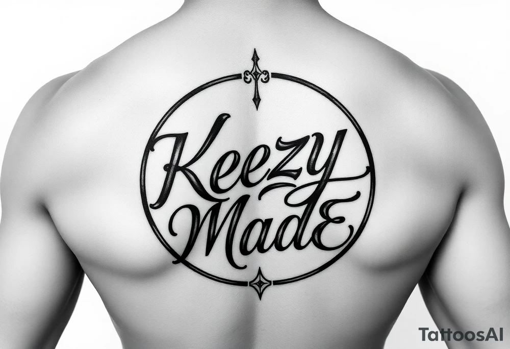 A fancy but rugged intertwined circular arched curvy lettering that would be clothing brand style that says (KeezY MadE) tattoo idea