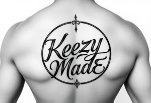 A fancy but rugged intertwined circular arched curvy lettering that would be clothing brand style that says (KeezY MadE) tattoo idea