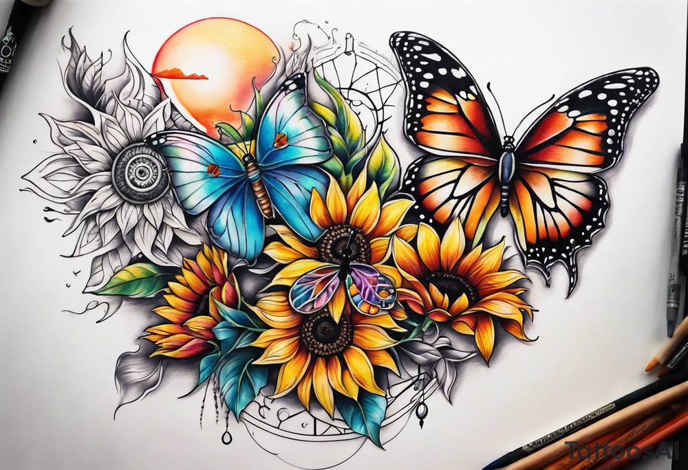 Quarter Leg sleeve with dreamcatcher, rainbow sunflowers and one butterfly tattoo idea