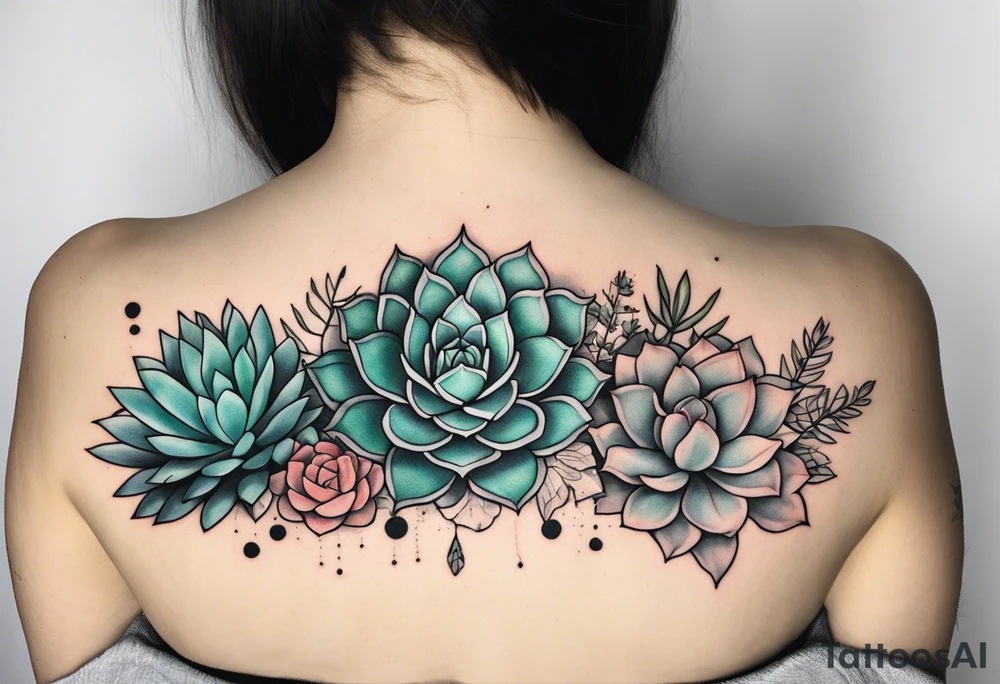 fine line. one big succulent in the middle. Two smaller succulents on the side. Dots and floral
. Sternum tattoo grey scale shading tattoo idea