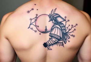 noble samurai warrior silhouette at sunset with cherry blossoms tattoo idea