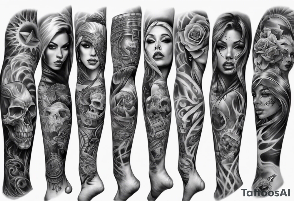 chicano style realistic full arm sleeve tattoo idea