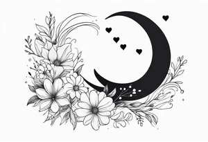 Crescent moon with a heart inside, shrouded by beautiful flowers with wisps of mist - hand tattoo tattoo idea
