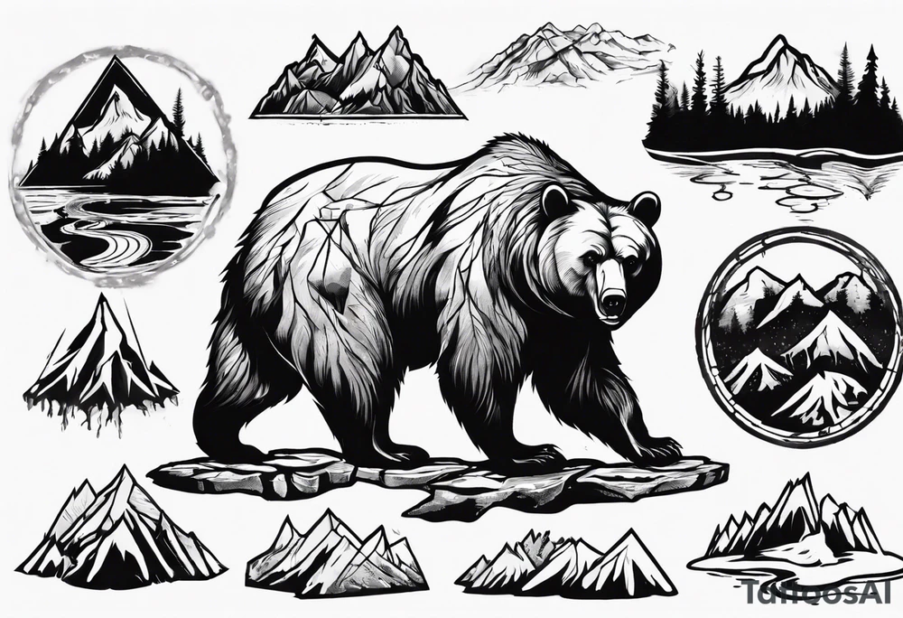 Bear with mountains, forest, rivers etc inside of it tattoo idea