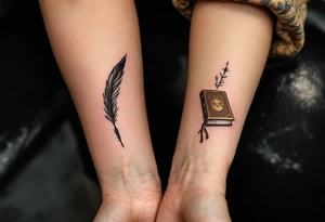 A detailed quill pen in black for him and a brown-gold book for her on the upper arm reflect writing your shared story. tattoo idea