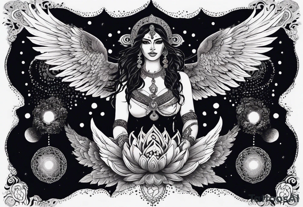 black kali, goddess pirate, alien, angel, pachamama, valkrye, warrior, flying, skull, lotus azul, wing, eagle, zenza resonance, stars, 5D, anahata chakra, death, durga, riding on a tiger, flying lady, kundalini, chest tatoo, samuri, rebel tattoo idea