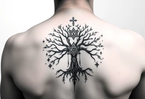 geometrical mystical tree of life with the star of David and cross cosmic roots and celestial symbols branches with HIV-positive symbol tattoo idea