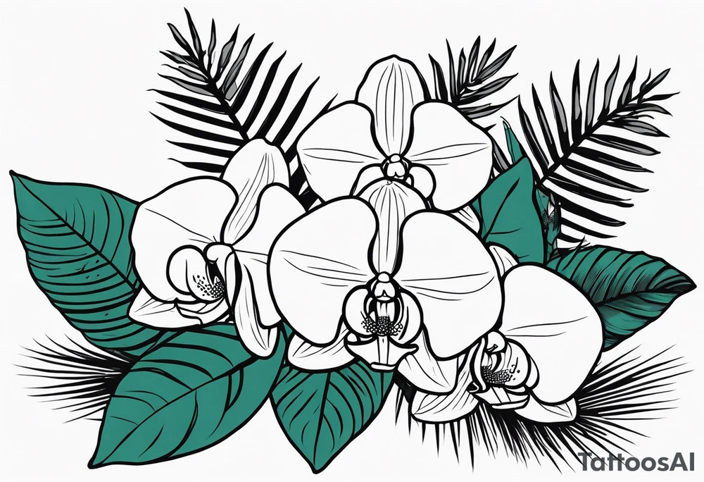 Tropical plants and orchids sleeve tattoo idea