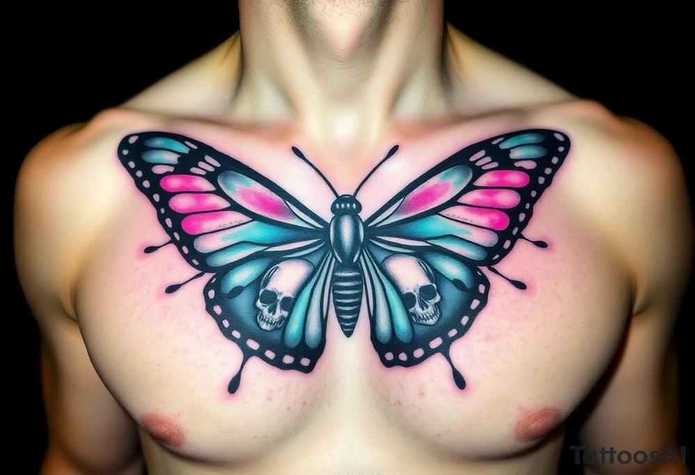 evil powerful majestic and dark monarch butterfly with  graffiti skull detail as the body hidden skulls in wings, skull detail making the body of the butterfly with a horror style effect, including aqua, pink and green colouring
placement on chest at collarbone tattoo idea