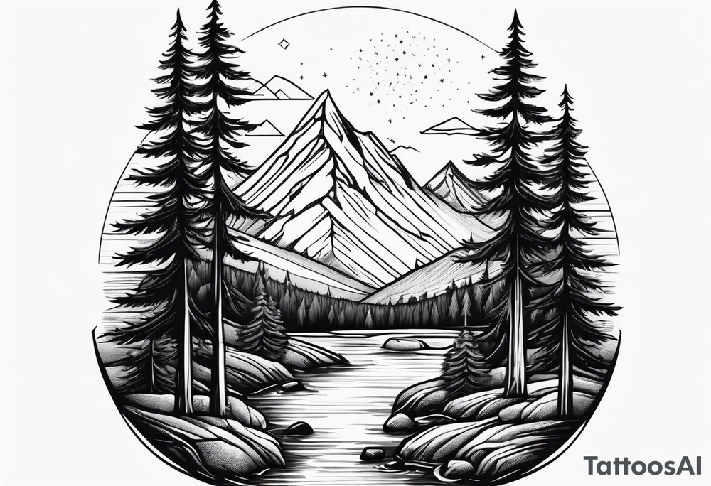 Small campfire in the center, right side: an evergreen tall tree, left side: mountain stream tattoo idea