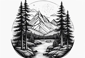 Small campfire in the center, right side: an evergreen tall tree, left side: mountain stream tattoo idea