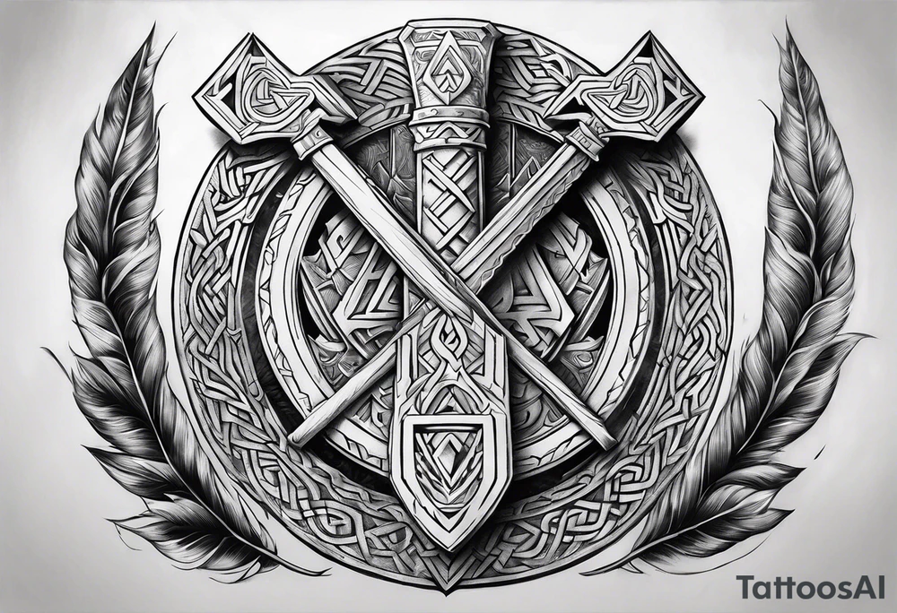 Valhalla sword shield axe Valknut fire tattoo idea