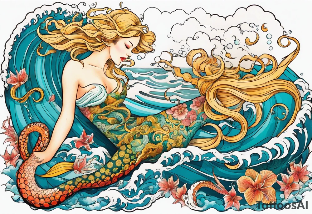 Giant octopus and blond mermaid frolicking in the sea tattoo idea