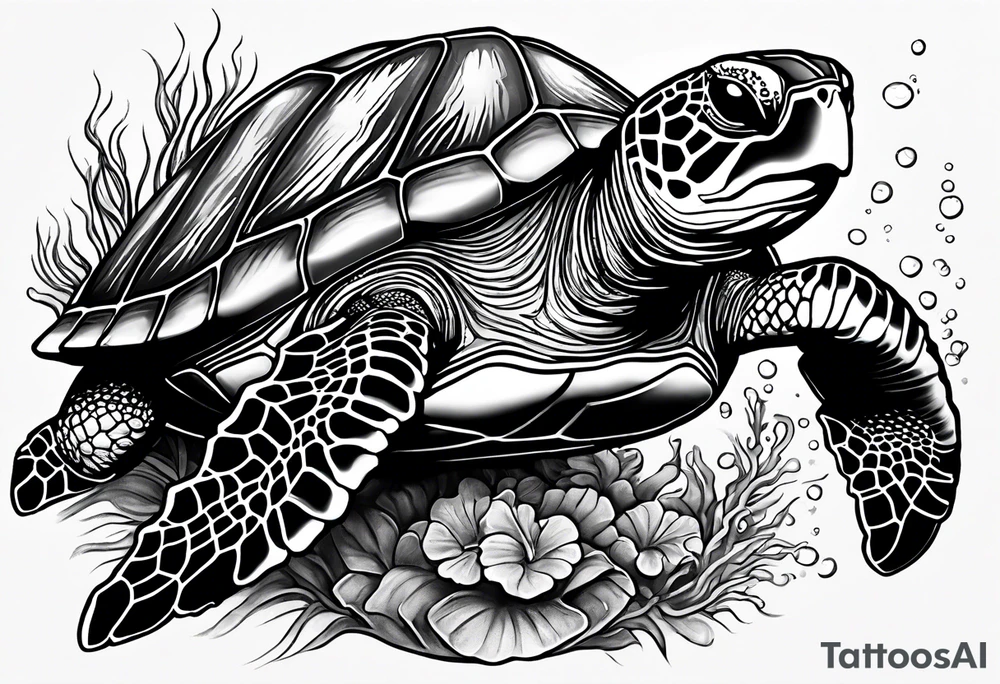 sea turtle swimming with head on the right side with star fish, corral, kelp and jelly fish tattoo idea