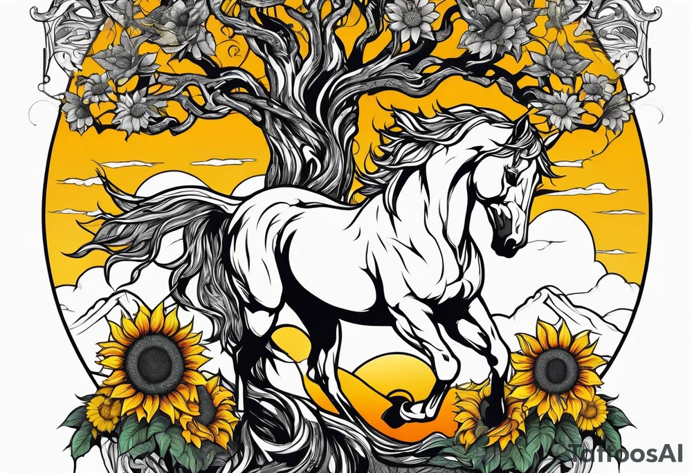 Yggdrasil tree, horse in front of it, and sunflowers tattoo idea