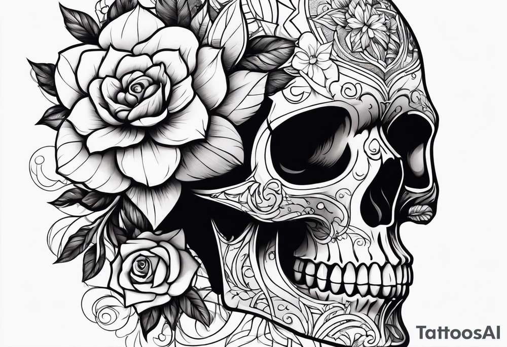 Side skull with flower tattoo idea