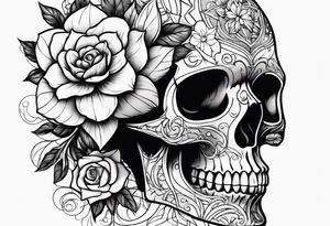 Side skull with flower tattoo idea