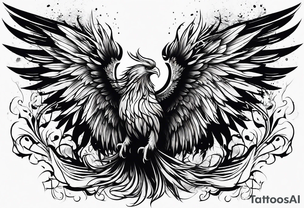 a phoenix rising from the ashes, with an angel opening its wings on the background tattoo idea