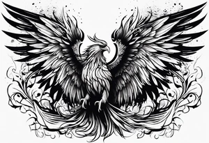 a phoenix rising from the ashes, with an angel opening its wings on the background tattoo idea