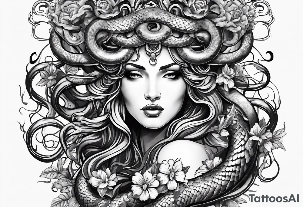 Medusa head with snakes and flowers in medusa's hair. One of the snakes eating a heart. tattoo idea