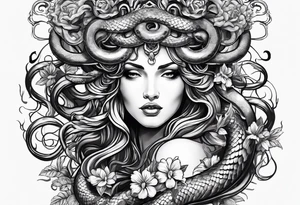 Medusa head with snakes and flowers in medusa's hair. One of the snakes eating a heart. tattoo idea