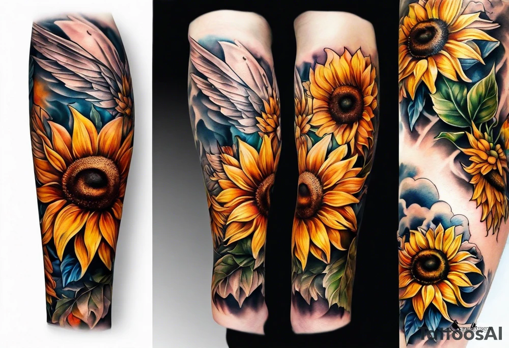 Sunflowers and angel wings leg sleeve tattoo idea