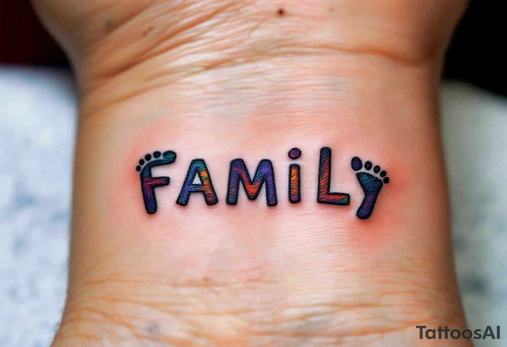 The word family beneath a row of tiny matching footprints in soft earth tones. tattoo idea