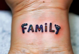 The word family beneath a row of tiny matching footprints in soft earth tones. tattoo idea