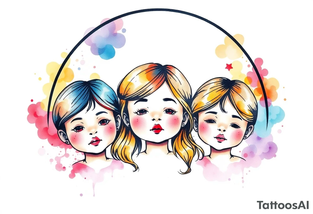 3 petites filles ( une cheveux noir et deux blondes)
sous un arc en ciel incomplet tattoo idea