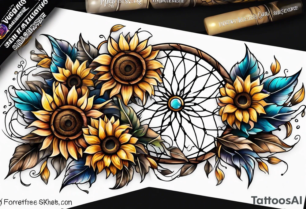Dreamcatcher and sunflowers forearm sleeve tattoo idea