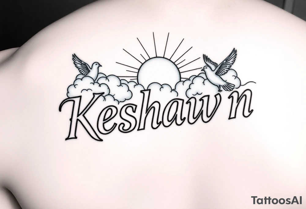 The name Keshawn with some clouds and sun rays beaming out of the clouds with pigeons around his name tattoo idea