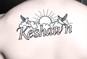 The name Keshawn with some clouds and sun rays beaming out of the clouds with pigeons around his name tattoo idea
