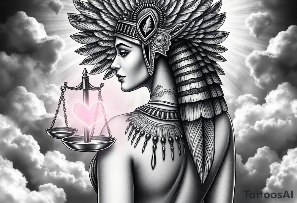 Beautiful Egyptian goddess with a curvy sexy body. She is a regal woman with an ostrich feather headdress, and intricate ancient Egyptian jewelry such as the Anhk necklace. Background includes something similar to heaven. Incorporate the Scales of Justice—one side holding a heart, the other Ma’at’s feather—glowing with ethereal energy. Emphasize dramatic lighting, deep shadows, and surreal, mystical atmosphere tattoo idea