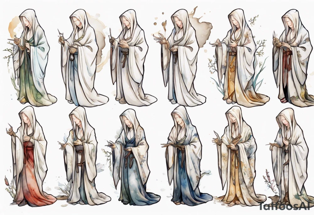 medieval Cate Blanchett dressed in white robes, weeping on floor tattoo idea