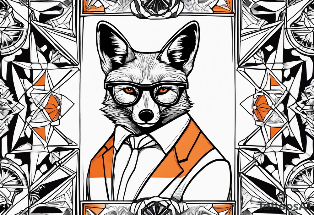 Geometric sly fox with beard and black horn rimmed glasses with Negroni in short lowball cocktail glass with ice and orange peel tattoo idea