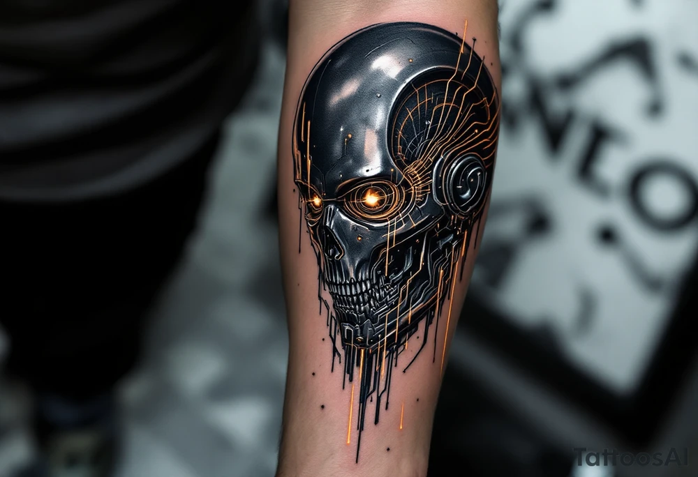 An android full arm design in glossy gunmetal, lit from within by soft amber light trails tattoo idea