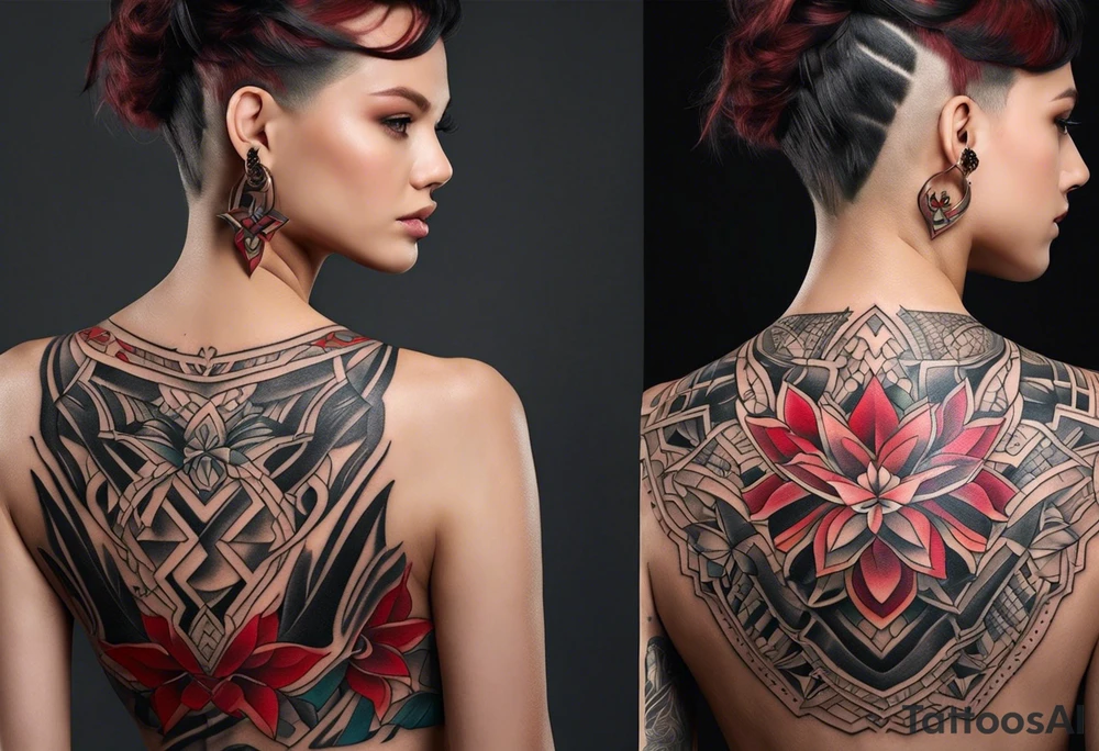 Visualize an (((extremely detailed and advanced tattoo design))), where the name 'LA' stands out in a (((distinctively shaped neck))), adorned with intricate ((colored red and black) lining that creates a (((subtle yet striking visual contrast))) against the (softly glowing, matte skin) tattoo idea