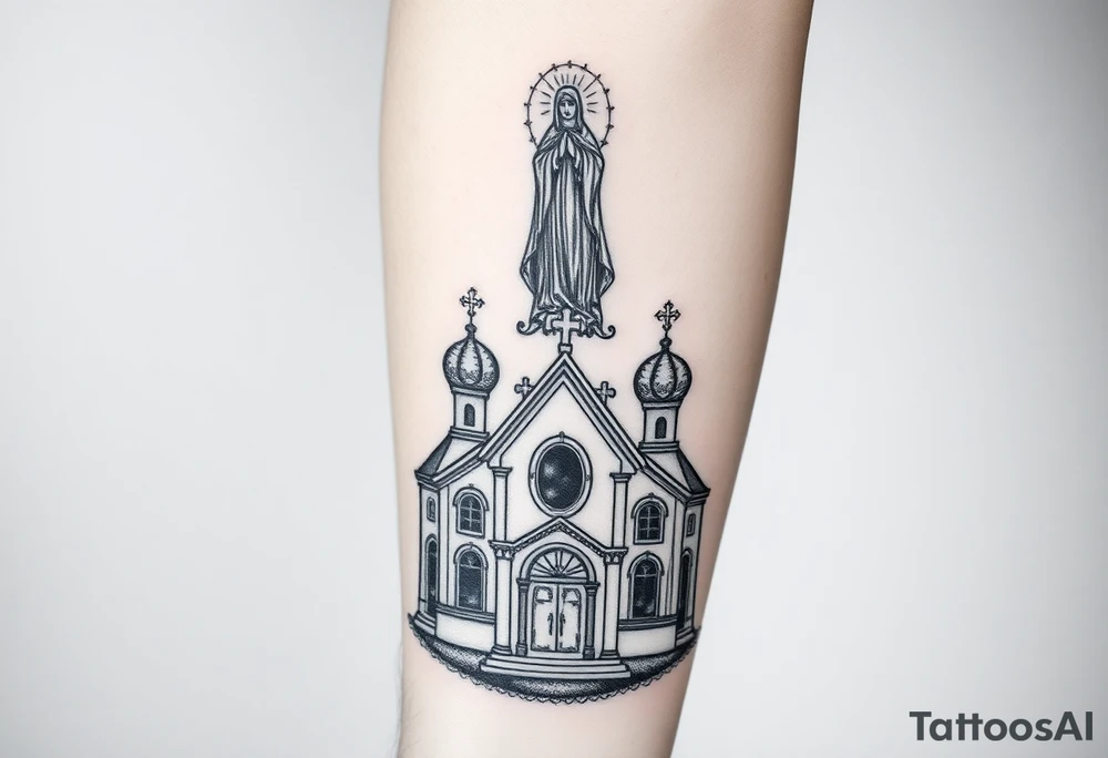 in a dorsal view a detailed orthodox church with a band at the front shrouded with a mist above and fading into a virgin mary overlooking above at the top tattoo idea