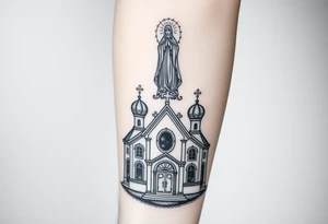 in a dorsal view a detailed orthodox church with a band at the front shrouded with a mist above and fading into a virgin mary overlooking above at the top tattoo idea
