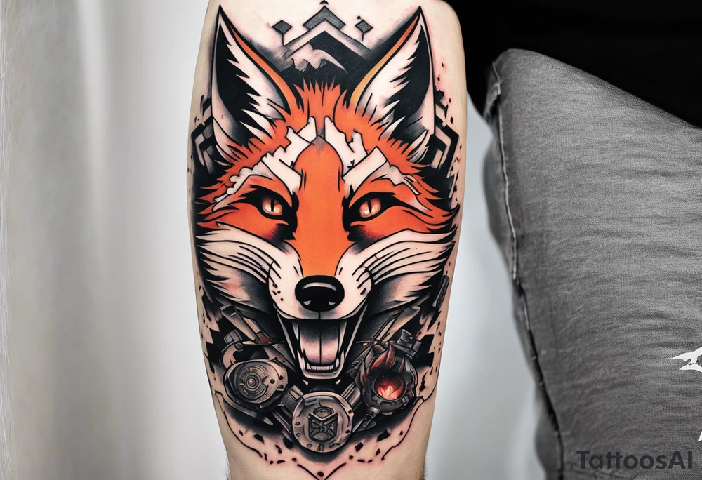 A tattoo designed for the knee, featuring the face of the fox Kon (chainsaw man series) with wild, exaggerated features, such as sharp fangs, intense eyes, and a snarling expression. The design incorporates large areas of white space for contrast, with beams of light or energy radiating outward from the beast’s eyes in a chaotic and powerful pattern. The overall look should be bold and primal, with flowing lines that adapt naturally to the curvature of the knee. tattoo idea