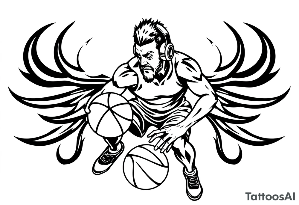 A guy dribbling a basketball with headphones on tattoo idea