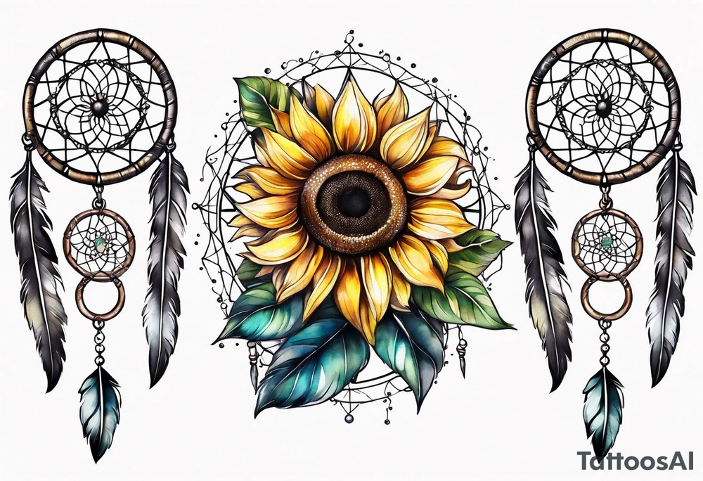 Dreamcatcher and sunflowers forearm sleeve tattoo idea