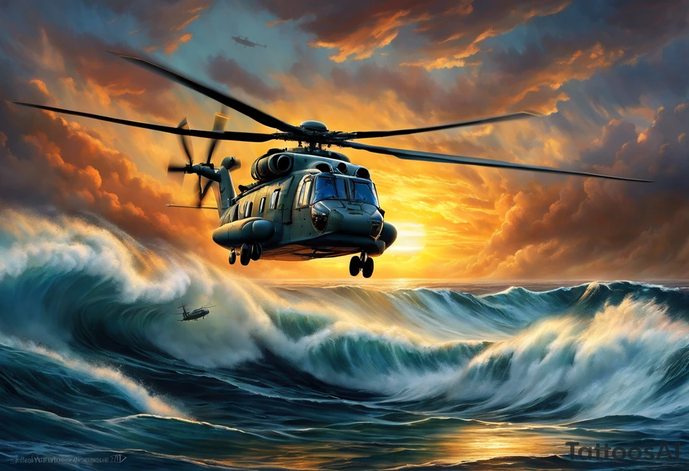 A cinematic-style tattoo depicting a Canadian military CH-148 Cyclone helicopter performing a daring maneuver over a turbulent ocean. The sky should be filled with dramatic clouds, and the sun should be setting, casting long shadows. The helicopter should be the main focus, with intricate details and a sense of motion. In the background, a poppy should be prominently displayed, and a quote from 'Lest We Forget' should be included, black and white tattoo tattoo idea