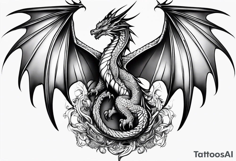 Mother dragon wings spread protecting her 3 young dragons tattoo idea